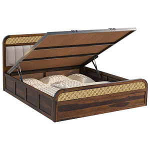 Floral Solid Wood Queen Size Hydrulic Storage Bed In Provincial Teak Finish (Beige) (60 - 78 inch)