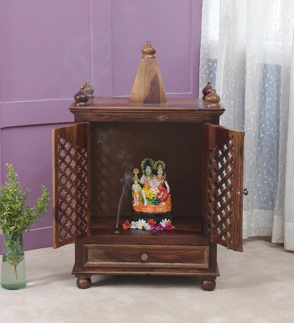 Lita Sheesham Wood Prayer Unit In Provincial Teak Finish