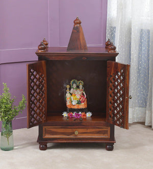 Xman Sheesham Wood Prayer Unit In Provincial Teak Finish