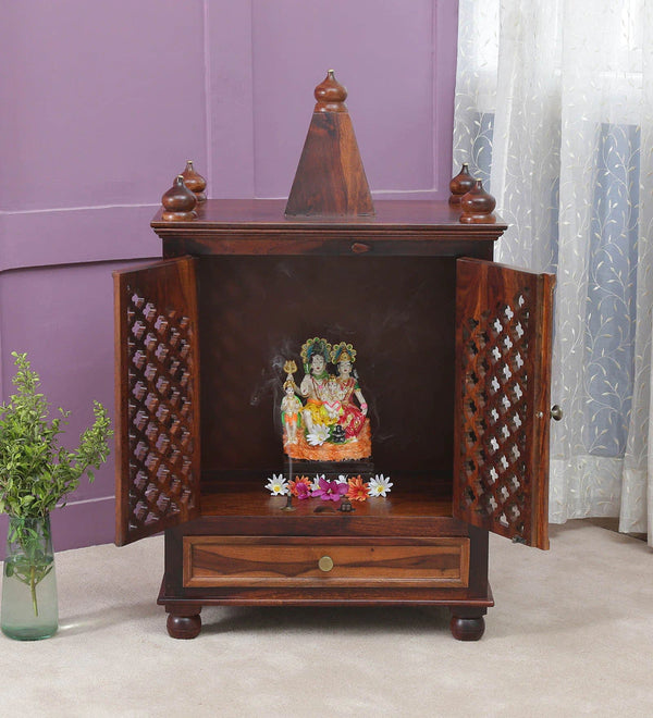 Xman Sheesham Wood Prayer Unit In Provincial Teak Finish