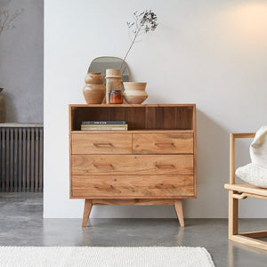 Majesty Solid Acacia Wood Chest of Drawer With 4 Drawer & 1 shelf in Natural Finish