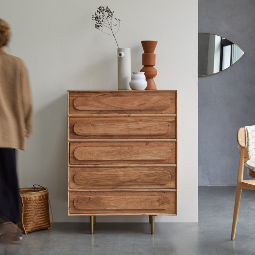 Astrid Solid Acacia Wood Chest of Drawer With 5 Drawer in Natural Finish