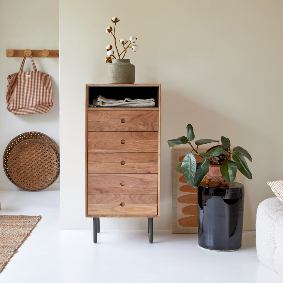 Cleo Solid Acacia Wood Chest of Drawer With 4 Drawer & 1 shelf in Natural Finish