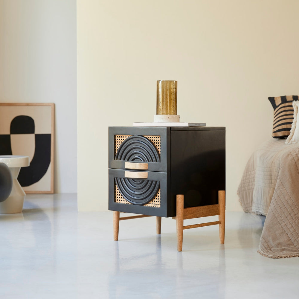 Galatea Solid Mango wood and rattan bedside table in Black Finish