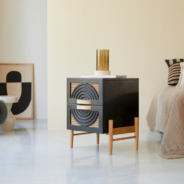 Galatea Solid Mango wood and rattan bedside table in Black Finish