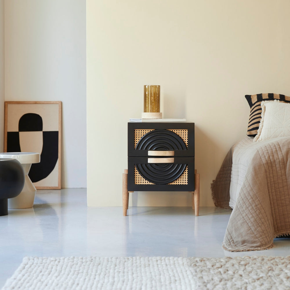 Galatea Solid Mango wood and rattan bedside table in Black Finish
