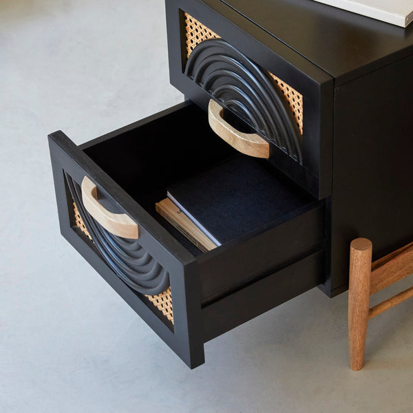 Galatea Solid Mango wood and rattan bedside table in Black Finish