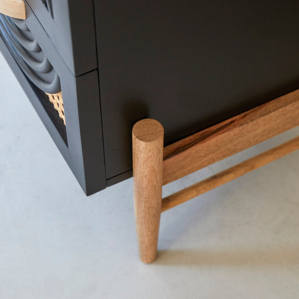 Galatea Solid Mango wood and rattan bedside table in Black Finish