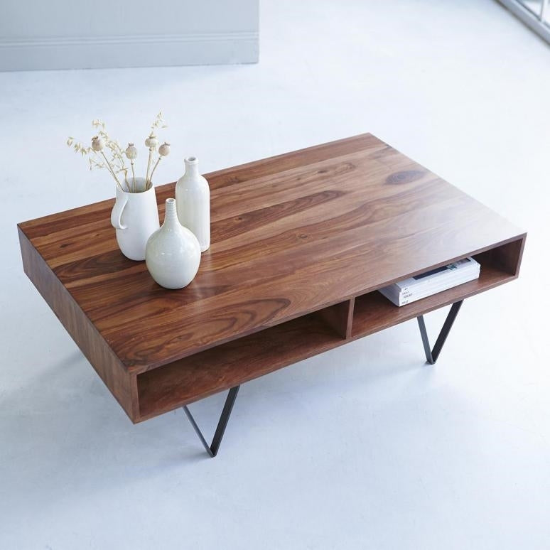 Solid Wood Sheesham Metric Coffee Table With 2 Open Shalves