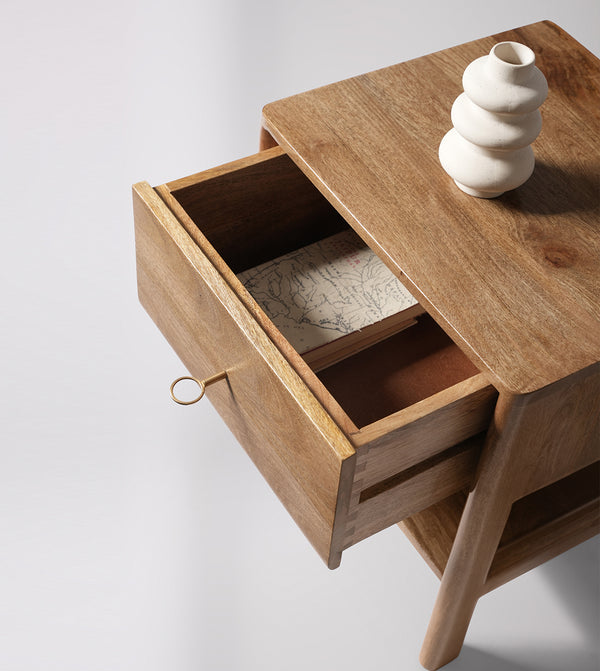 Lieaf Solid Wood Bed Side Table in Natural Finish