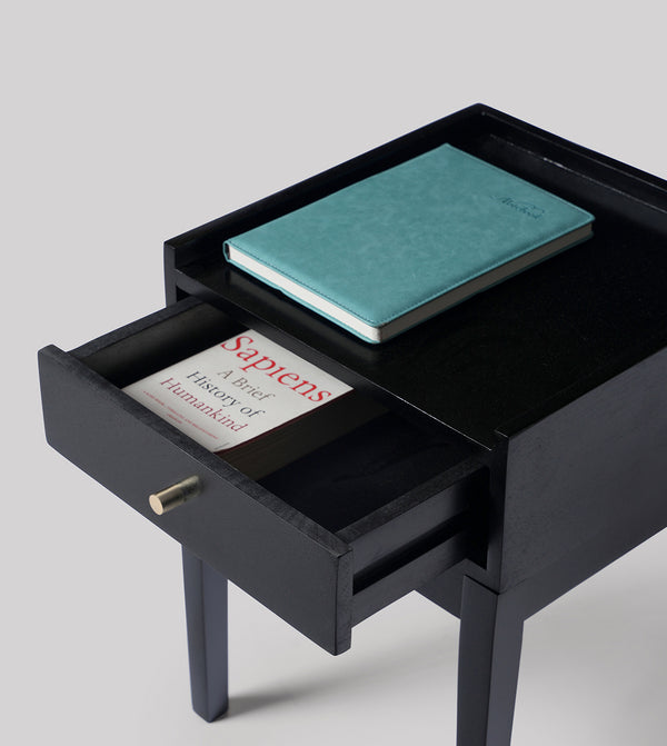 Harmful Solid Wood Bed Side Table in black sealed Finish