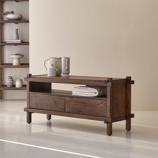 Diner Solid Mango Wood TV Unit 2 Drawer In Provincial Teak Finish