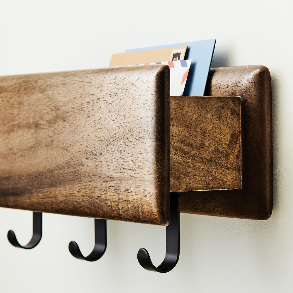 Reggie Solid Mango Wood Wall Shelf with 3 Hooks