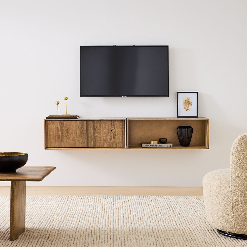 Reggie Solid Mango Wood Wall Shelf with Sliding Door