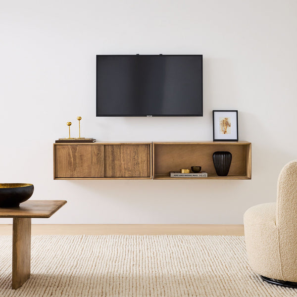 Reggie Solid Mango Wood Wall Shelf with Sliding Door