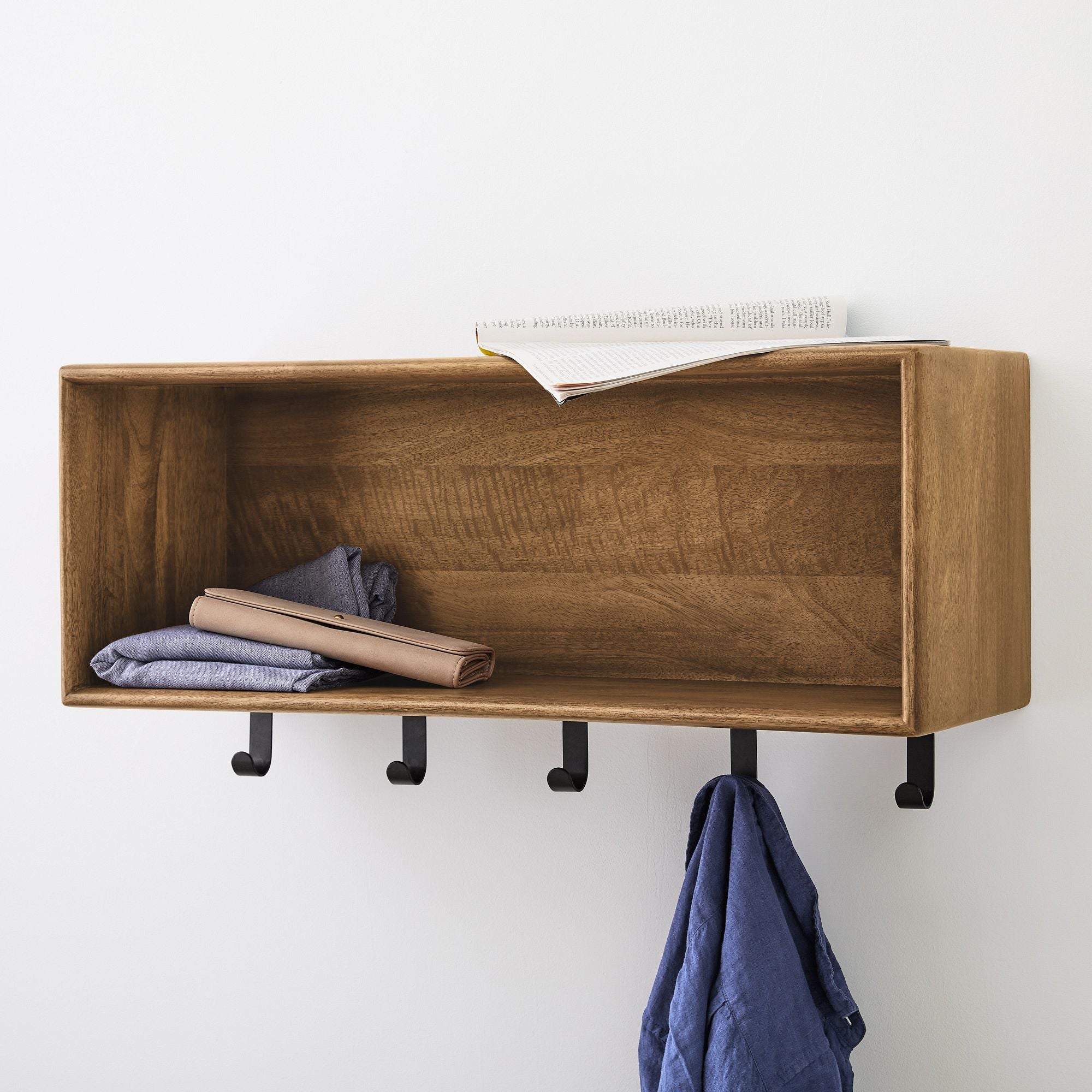 Solid Mango Wood Reggie Wall shelf with stoage & hook in Provincial Te
