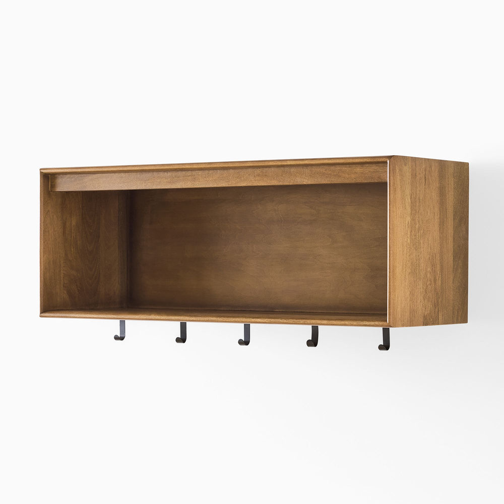 Reggie Solid Mango Wood Wall Shelf with 5 Hooks