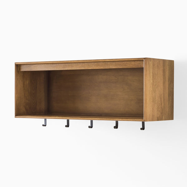 Reggie Solid Mango Wood Wall Shelf with 5 Hooks