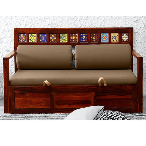 Ciramika Sheesham Wood Pull Out Sofa Cum Bed In Honey Oak Finish