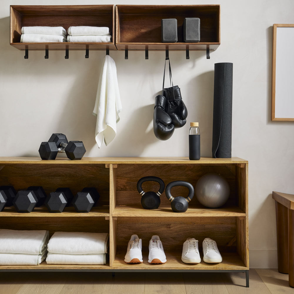 Reggie Solid Mango Wood Wall Shelf with 5 Hooks