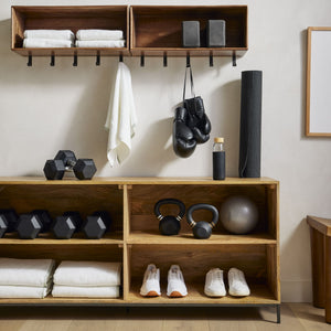 Reggie Solid Mango Wood Wall Shelf with 5 Hooks