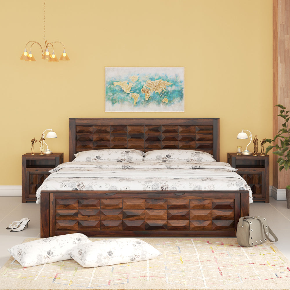 Diamond Solid Wood King Size Box Storage Bed in Dark Walnut Finish