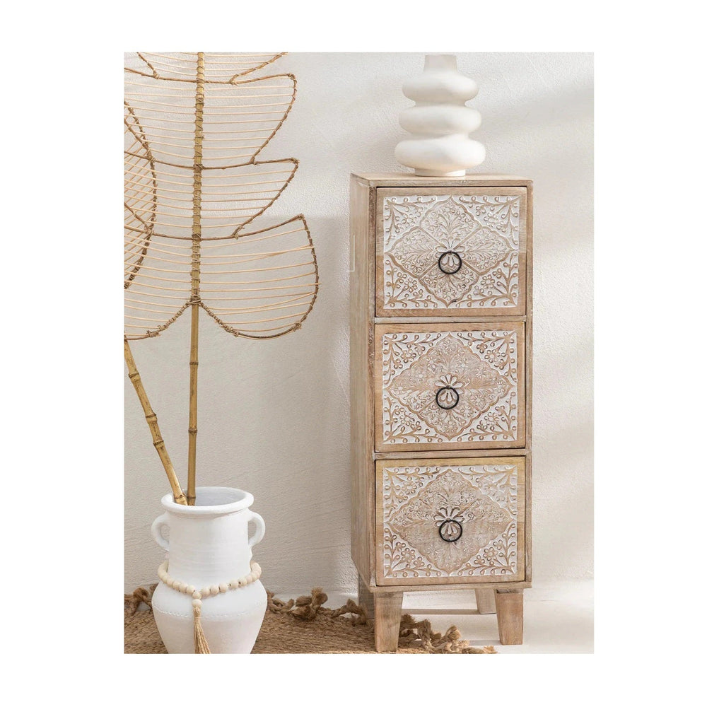 Marvin Solid Mango wood Chest of Drawer With 3 Hand Carved Drawer in White Wash Finish