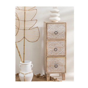 Marvin Solid Mango wood Chest of Drawer With 3 Hand Carved Drawer in White Wash Finish