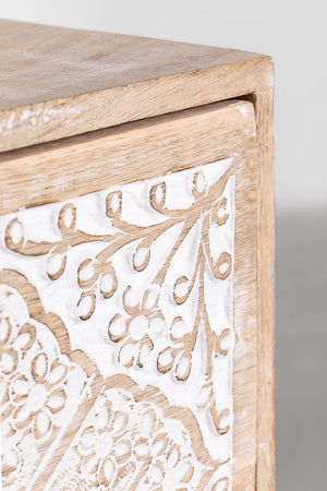 Marvin Solid Mango wood Chest of Drawer With 3 Hand Carved Drawer in White Wash Finish