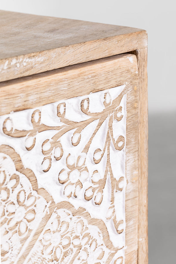Marvin Solid Mango wood Chest of Drawer With 3 Hand Carved Drawer in White Wash Finish
