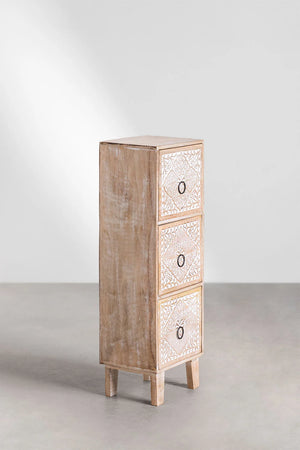 Marvin Solid Mango wood Chest of Drawer With 3 Hand Carved Drawer in White Wash Finish