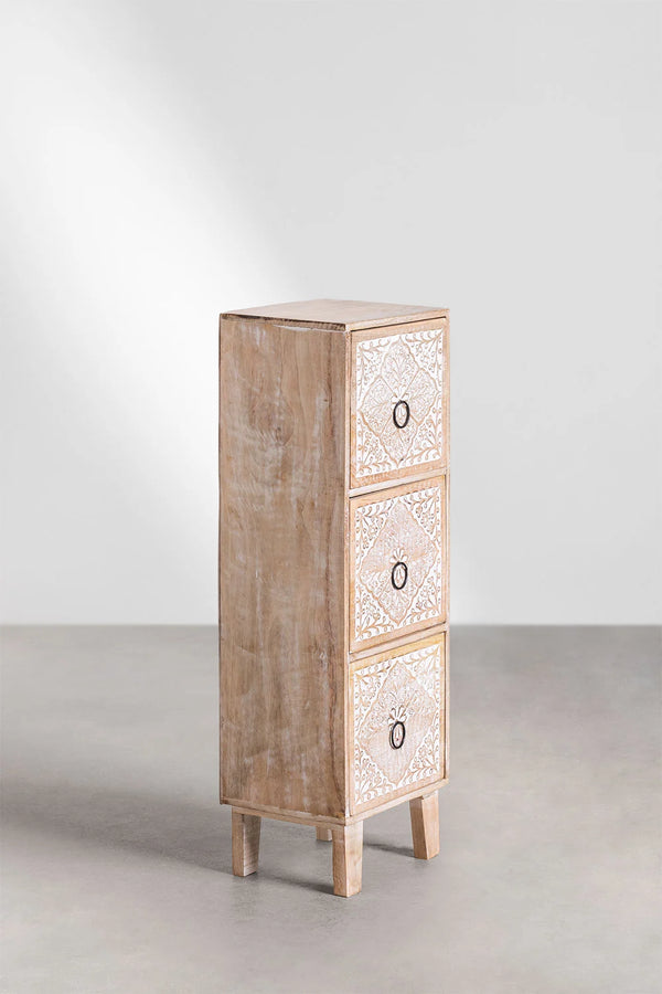 Marvin Solid Mango wood Chest of Drawer With 3 Hand Carved Drawer in White Wash Finish