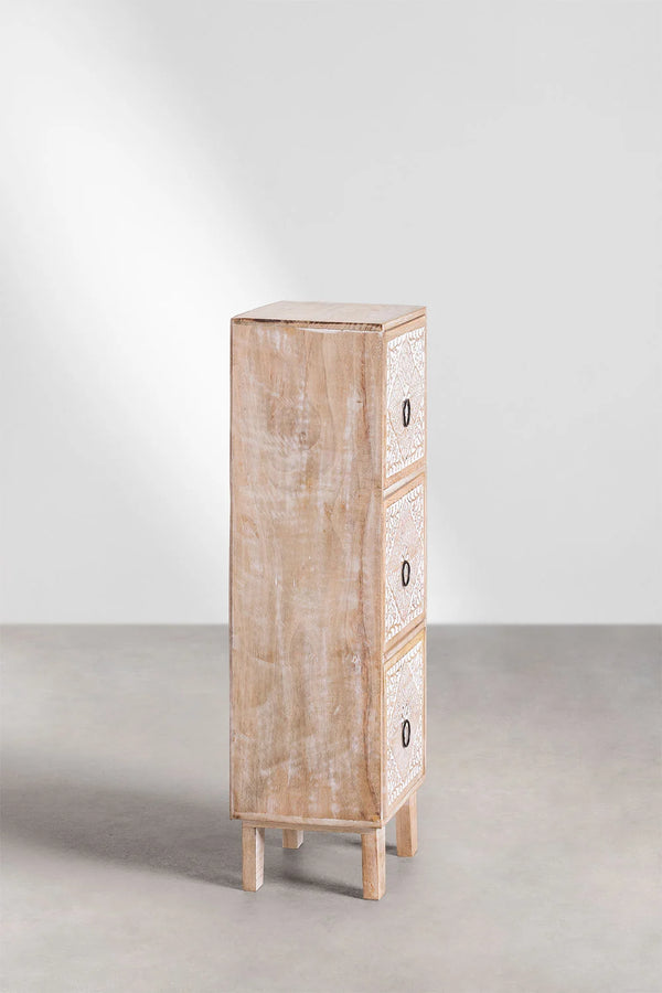 Marvin Solid Mango wood Chest of Drawer With 3 Hand Carved Drawer in White Wash Finish