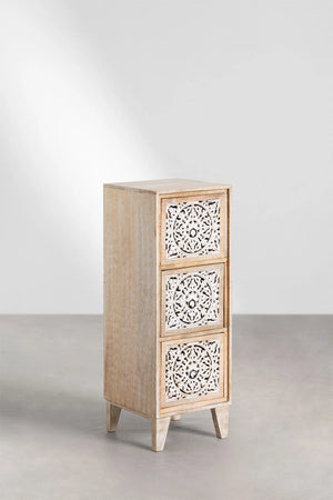 Chevron Solid Mango wood Chest of Drawer With 3 Hand Carved Drawer in White Wash Finish