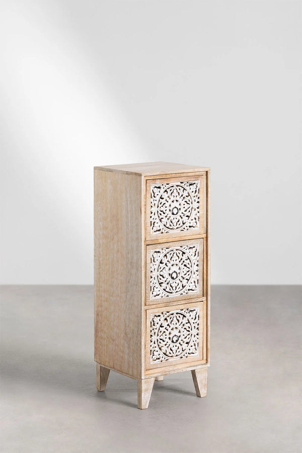 Chevron Solid Mango wood Chest of Drawer With 3 Hand Carved Drawer in White Wash Finish