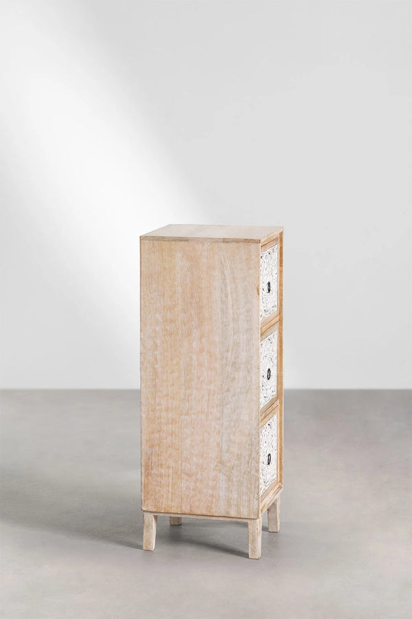 Chevron Solid Mango wood Chest of Drawer With 3 Hand Carved Drawer in White Wash Finish