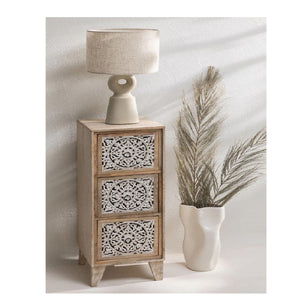 Chevron Solid Mango wood Chest of Drawer With 3 Hand Carved Drawer in White Wash Finish