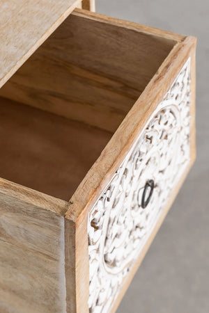 Chevron Solid Mango wood Chest of Drawer With 3 Hand Carved Drawer in White Wash Finish