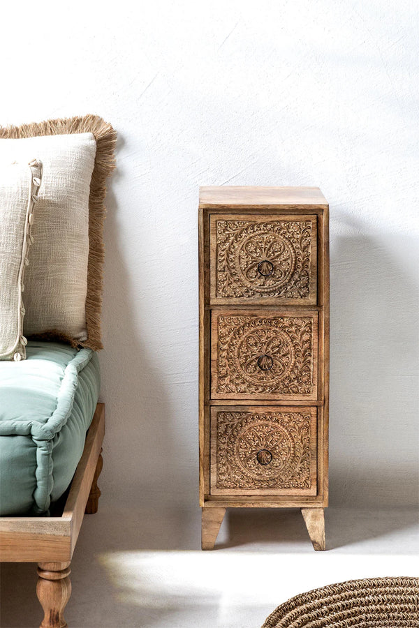 Bizerk Solid Mango wood Chest of Drawer With 3 Hand Carved Drawer in Natural Finish