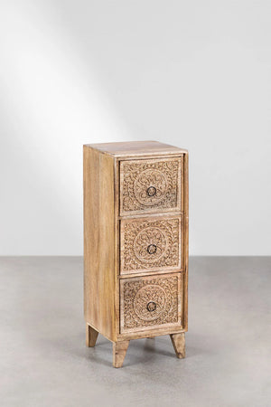 Bizerk Solid Mango wood Chest of Drawer With 3 Hand Carved Drawer in Natural Finish