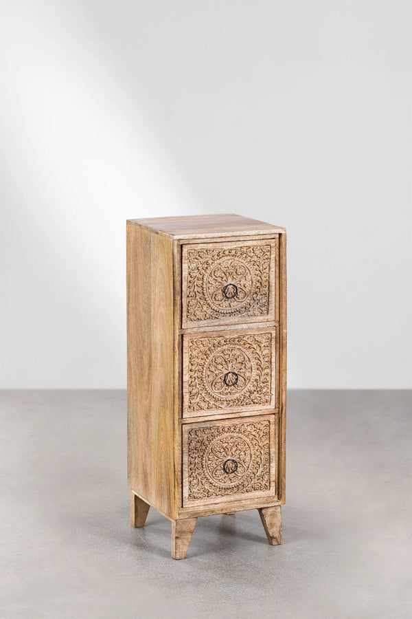 Bizerk Solid Mango wood Chest of Drawer With 3 Hand Carved Drawer in Natural Finish