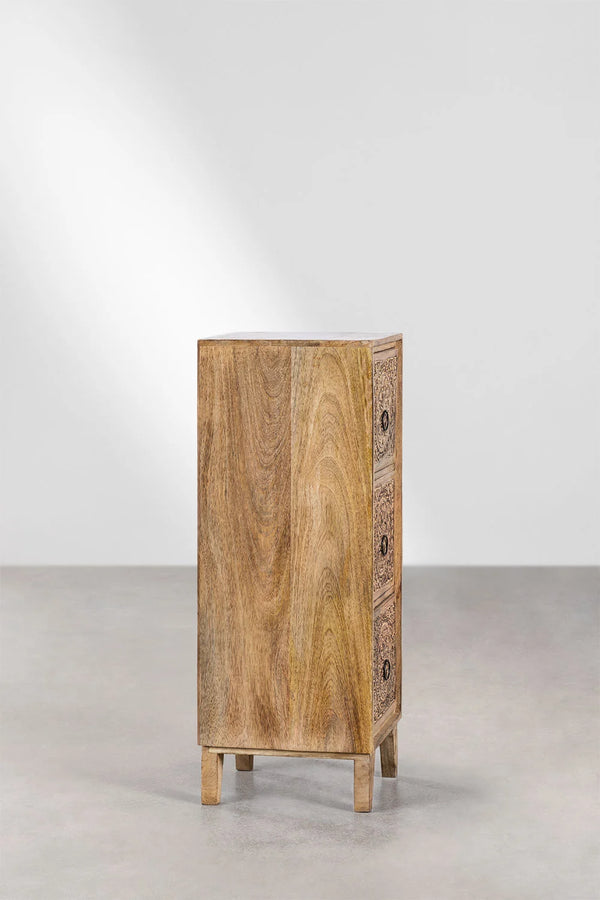 Bizerk Solid Mango wood Chest of Drawer With 3 Hand Carved Drawer in Natural Finish
