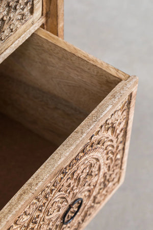 Bizerk Solid Mango wood Chest of Drawer With 3 Hand Carved Drawer in Natural Finish