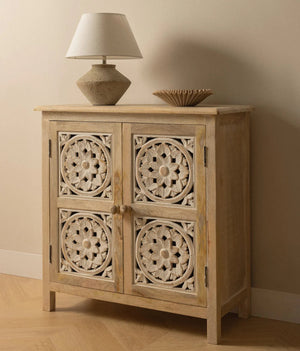 Clara Solid Mango Wood Cabinet with Two Door Hand Carved in Natural Finish