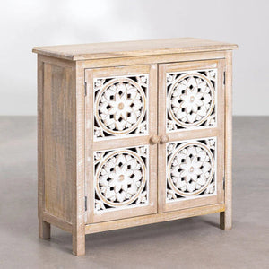 Clara Solid Mango Wood Cabinet with Two Door Hand Carved in Natural Finish