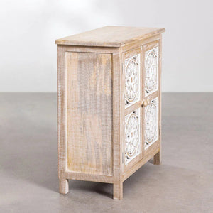 Clara Solid Mango Wood Cabinet with Two Door Hand Carved in Natural Finish