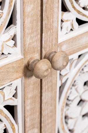 Clara Solid Mango Wood Cabinet with Two Door Hand Carved in Natural Finish
