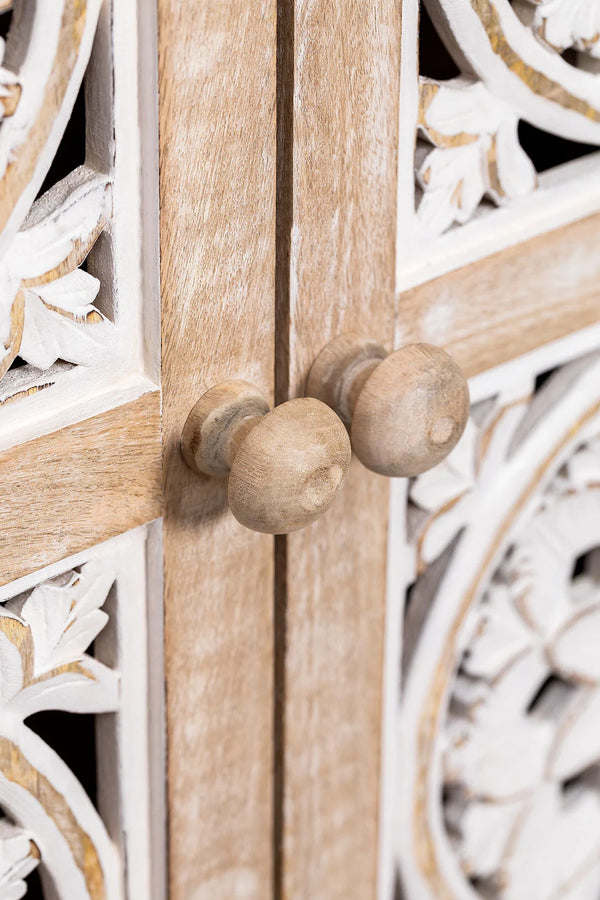 Clara Solid Mango Wood Cabinet with Two Door Hand Carved in Natural Finish