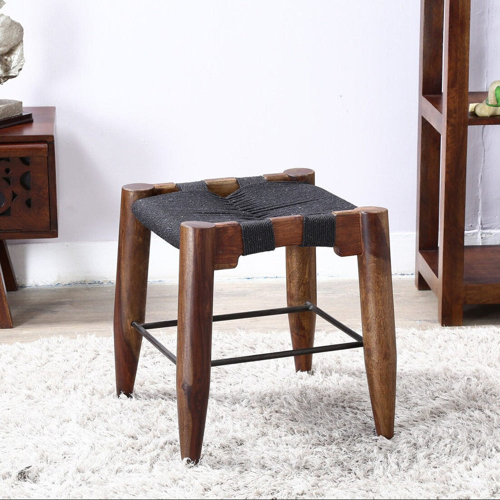Yonnet Sheesham Wood Seating Stool In Brown & Black Colour