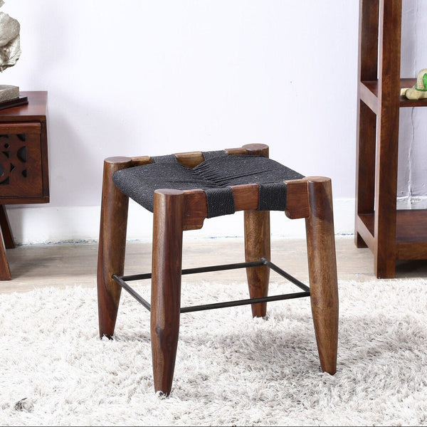 Yonnet Sheesham Wood Seating Stool In Brown & Black Colour